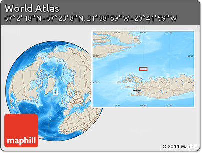 Shaded Relief Location Map of the Area around 67° 12' 43" N, 21° 10' 29" W