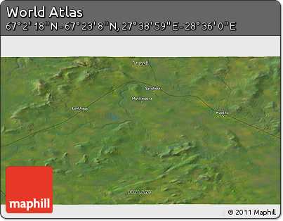 Satellite 3D Map of the Area around 67° 12' 43" N, 28° 7' 30" E