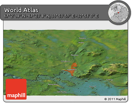 Satellite 3D Map of the Area around 67° 12' 43" N, 32° 22' 30" E