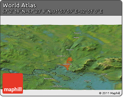Satellite 3D Map of the Area around 67° 12' 43" N, 32° 22' 30" E