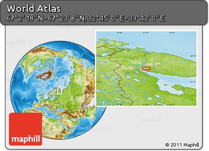 Physical Location Map of the Area around 67° 12' 43" N, 33° 13' 30" E