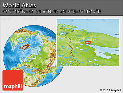 Physical Location Map of the Area around 67° 12' 43" N, 33° 13' 30" E