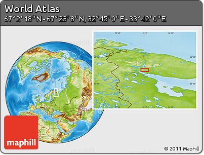 Physical Location Map of the Area around 67° 12' 43" N, 33° 13' 30" E