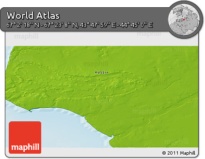 Physical 3D Map of the Area around 67° 12' 43" N, 44° 16' 29" E