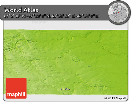 Physical 3D Map of the Area around 67° 12' 43" N, 49° 22' 30" E