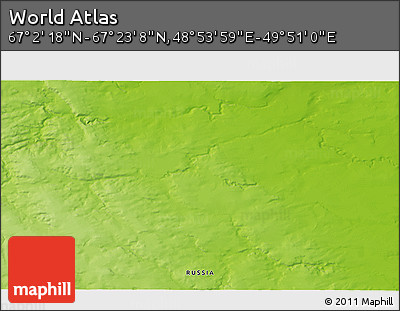 Physical 3D Map of the Area around 67° 12' 43" N, 49° 22' 30" E