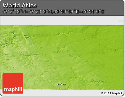 Physical 3D Map of the Area around 67° 12' 43" N, 49° 22' 30" E