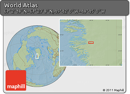 Savanna Style Location Map of the Area around 67° 12' 43" N, 49° 13' 30" W, hill shading