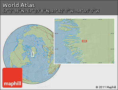 Savanna Style Location Map of the Area around 67° 12' 43" N, 49° 13' 30" W, hill shading