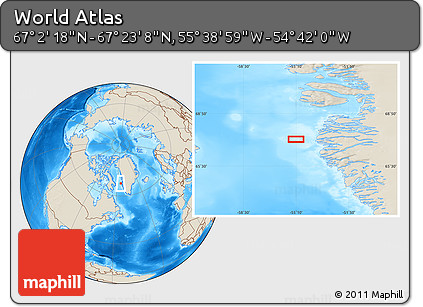 Shaded Relief Location Map of the Area around 67° 12' 43" N, 55° 10' 29" W
