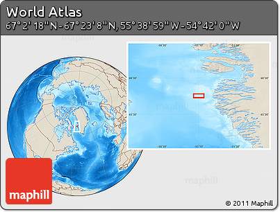 Shaded Relief Location Map of the Area around 67° 12' 43" N, 55° 10' 29" W