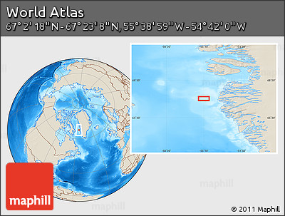 Shaded Relief Location Map of the Area around 67° 12' 43" N, 55° 10' 29" W
