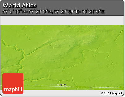 Physical 3D Map of the Area around 67° 12' 43" N, 57° 52' 30" E