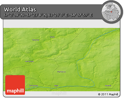 Physical 3D Map of the Area around 67° 12' 43" N, 63° 49' 30" E