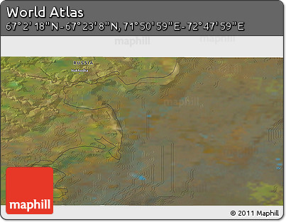 Satellite 3D Map of the Area around 67° 12' 43" N, 72° 19' 29" E