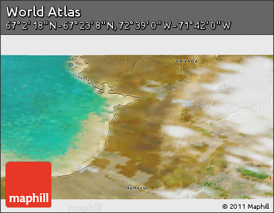 Satellite 3D Map of the Area around 67° 12' 43" N, 72° 10' 30" W