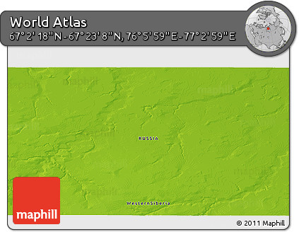 Physical 3D Map of the Area around 67° 12' 43" N, 76° 34' 29" E