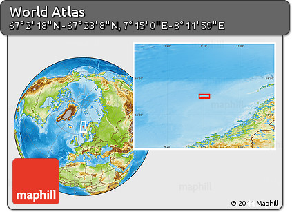 Physical Location Map of the Area around 67° 12' 43" N, 7° 43' 29" E