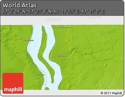 Physical 3D Map of the Area around 67° 12' 43" N, 86° 46' 30" E