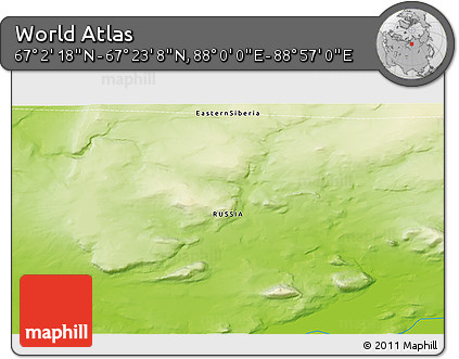 Physical 3D Map of the Area around 67° 12' 43" N, 88° 28' 29" E