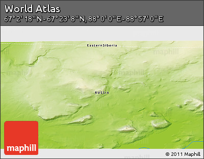 Physical 3D Map of the Area around 67° 12' 43" N, 88° 28' 29" E