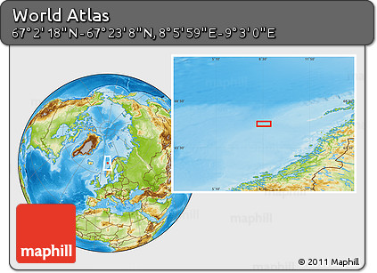 Physical Location Map of the Area around 67° 12' 43" N, 8° 34' 29" E