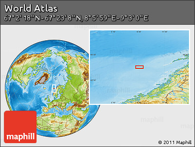 Physical Location Map of the Area around 67° 12' 43" N, 8° 34' 29" E