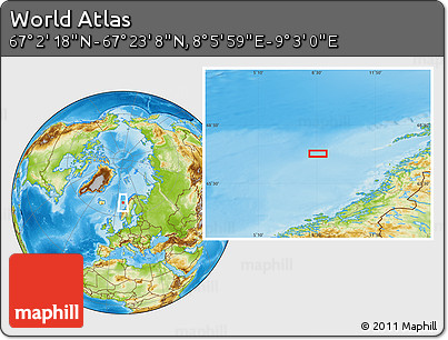 Physical Location Map of the Area around 67° 12' 43" N, 8° 34' 29" E