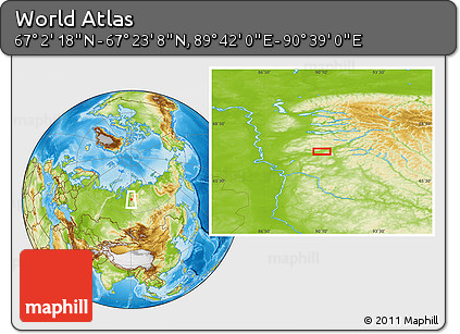 Physical Location Map of the Area around 67° 12' 43" N, 90° 10' 30" E