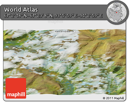 Satellite 3D Map of the Area around 67° 12' 43" N, 93° 34' 29" E