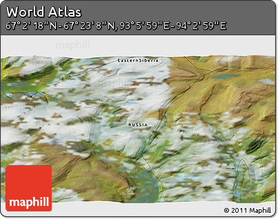 Satellite 3D Map of the Area around 67° 12' 43" N, 93° 34' 29" E
