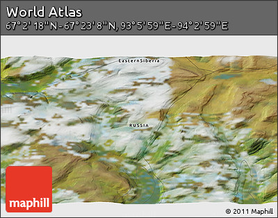 Satellite 3D Map of the Area around 67° 12' 43" N, 93° 34' 29" E
