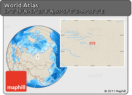 Shaded Relief Location Map of the Area around 67° 12' 43" N, 94° 25' 30" E