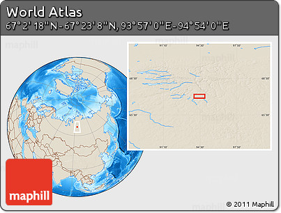 Shaded Relief Location Map of the Area around 67° 12' 43" N, 94° 25' 30" E
