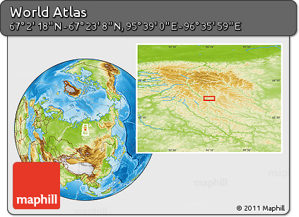 Physical Location Map of the Area around 67° 12' 43" N, 96° 7' 30" E