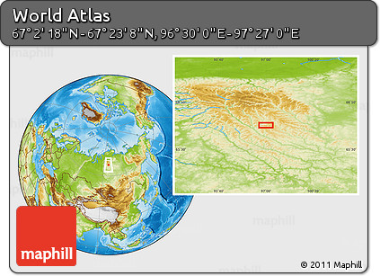 Physical Location Map of the Area around 67° 12' 43" N, 96° 58' 29" E