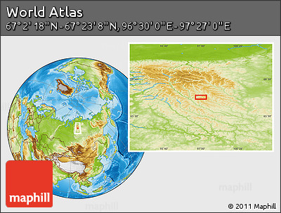 Physical Location Map of the Area around 67° 12' 43" N, 96° 58' 29" E