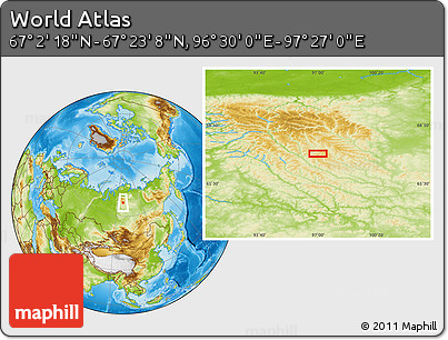 Physical Location Map of the Area around 67° 12' 43" N, 96° 58' 29" E