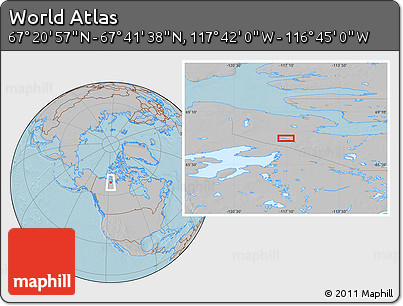 Gray Location Map of the Area around 67° 31' 18" N, 117° 13' 29" W, hill shading