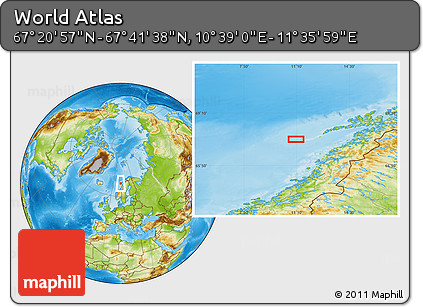 Physical Location Map of the Area around 67° 31' 18" N, 11° 7' 30" E