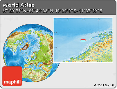 Physical Location Map of the Area around 67° 31' 18" N, 11° 7' 30" E