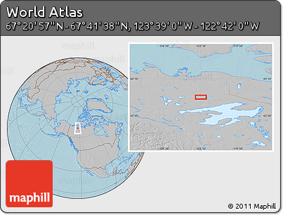 Gray Location Map of the Area around 67° 31' 18" N, 123° 10' 30" W, hill shading