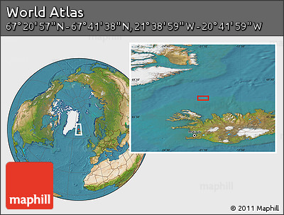 Satellite Location Map of the Area around 67° 31' 18" N, 21° 10' 29" W