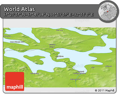 Physical 3D Map of the Area around 67° 31' 18" N, 32° 22' 30" E