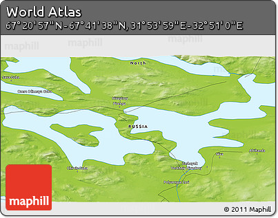 Physical 3D Map of the Area around 67° 31' 18" N, 32° 22' 30" E
