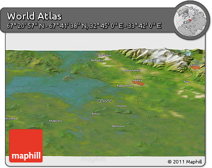 Satellite 3D Map of the Area around 67° 31' 18" N, 33° 13' 30" E