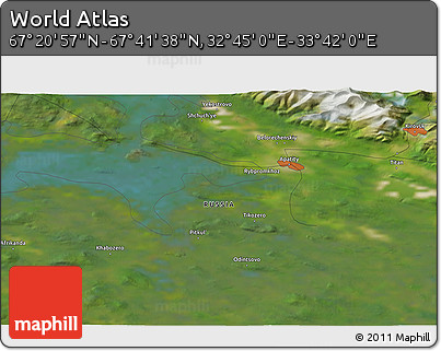 Satellite 3D Map of the Area around 67° 31' 18" N, 33° 13' 30" E