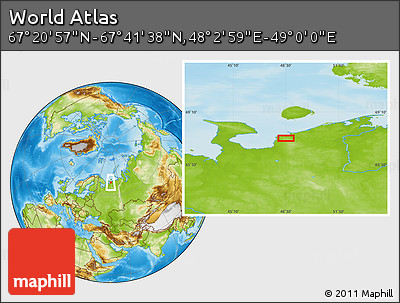 Physical Location Map of the Area around 67° 31' 18" N, 48° 31' 29" E