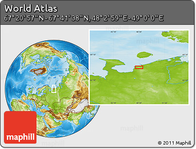 Physical Location Map of the Area around 67° 31' 18" N, 48° 31' 29" E