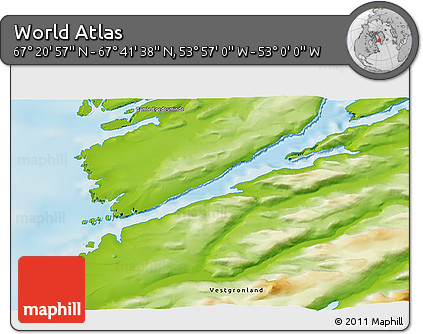 Physical 3D Map of the Area around 67° 31' 18" N, 53° 28' 30" W